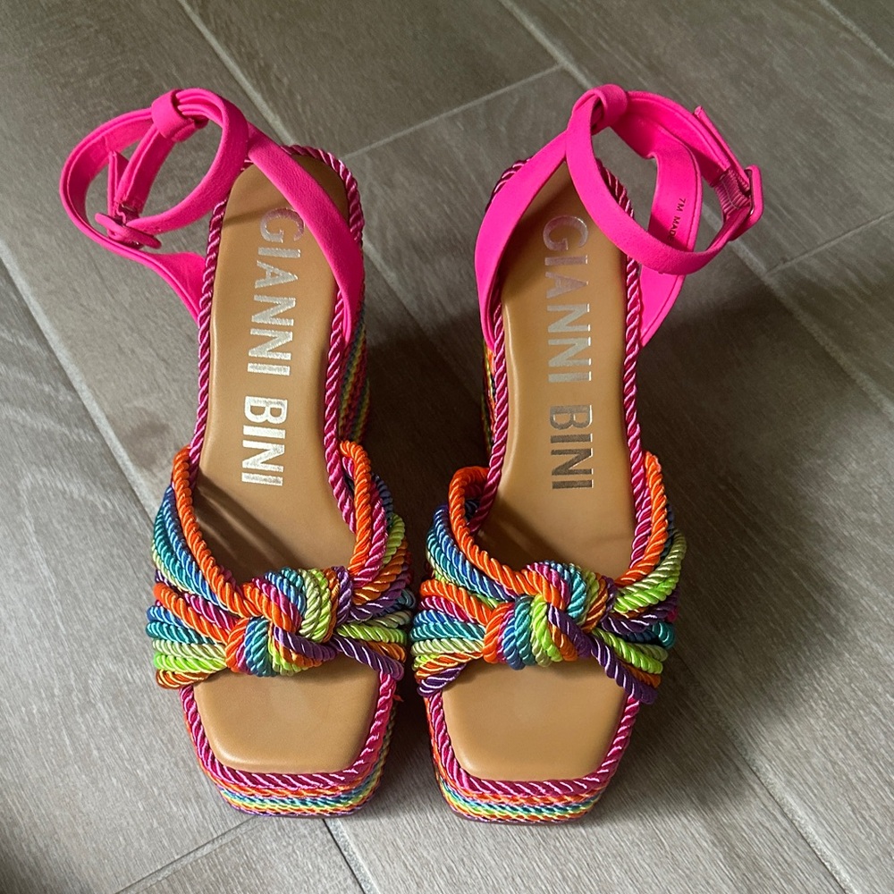 Gianni Bini Rainbow Rope Wedge Sandals with Hot Pink Straps - Picture 3 of 3